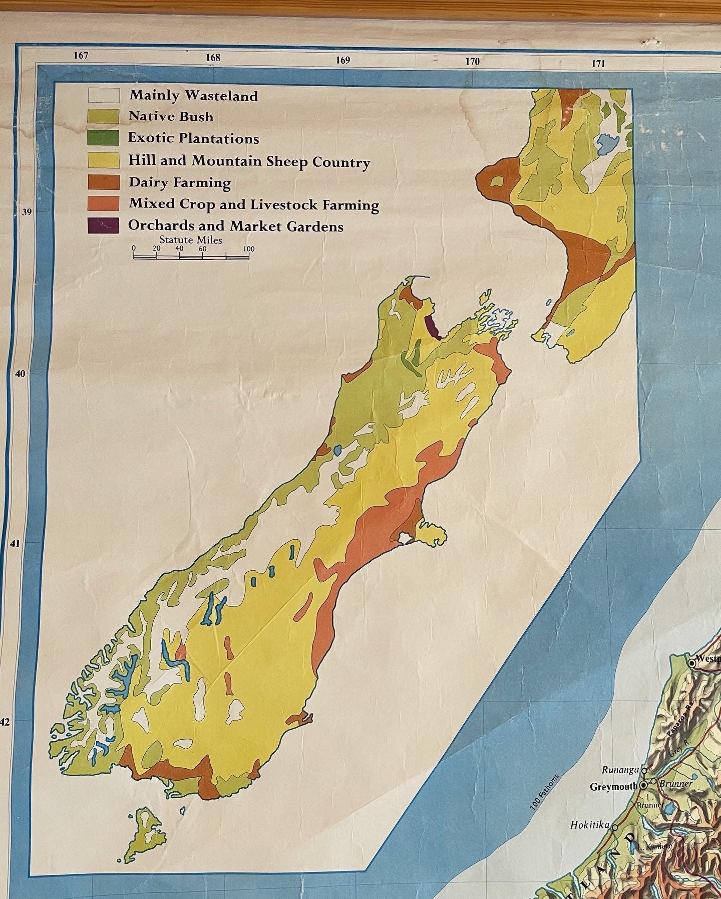 New Zealand geographic map - Large vintage hanging map of NZ - South Island chart