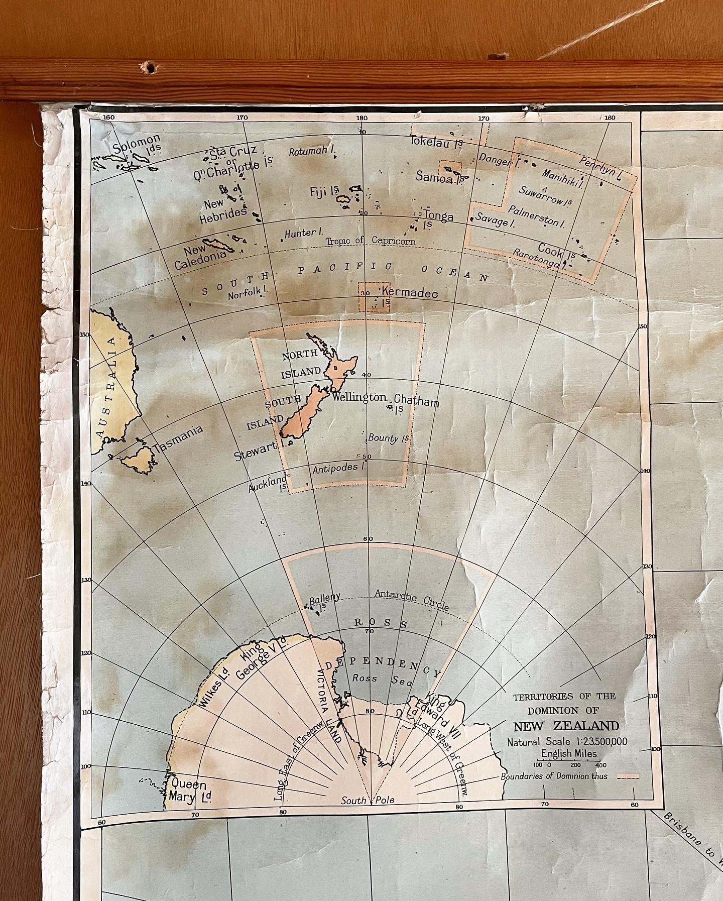 Antique 1953 large map of New Zealand - authentic pull down canvas map