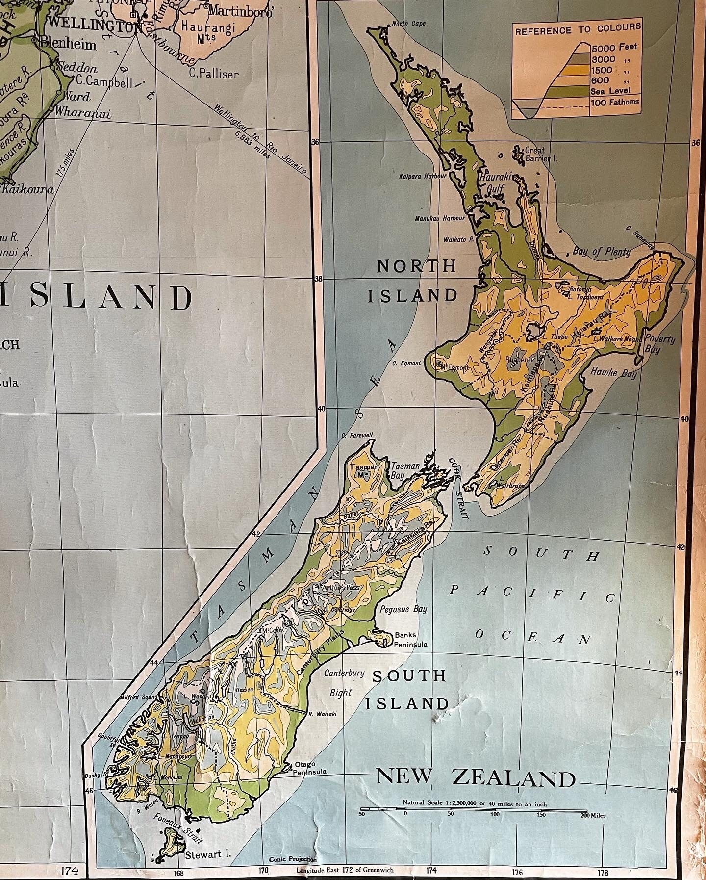 Antique 1953 large map of New Zealand - authentic pull down canvas map