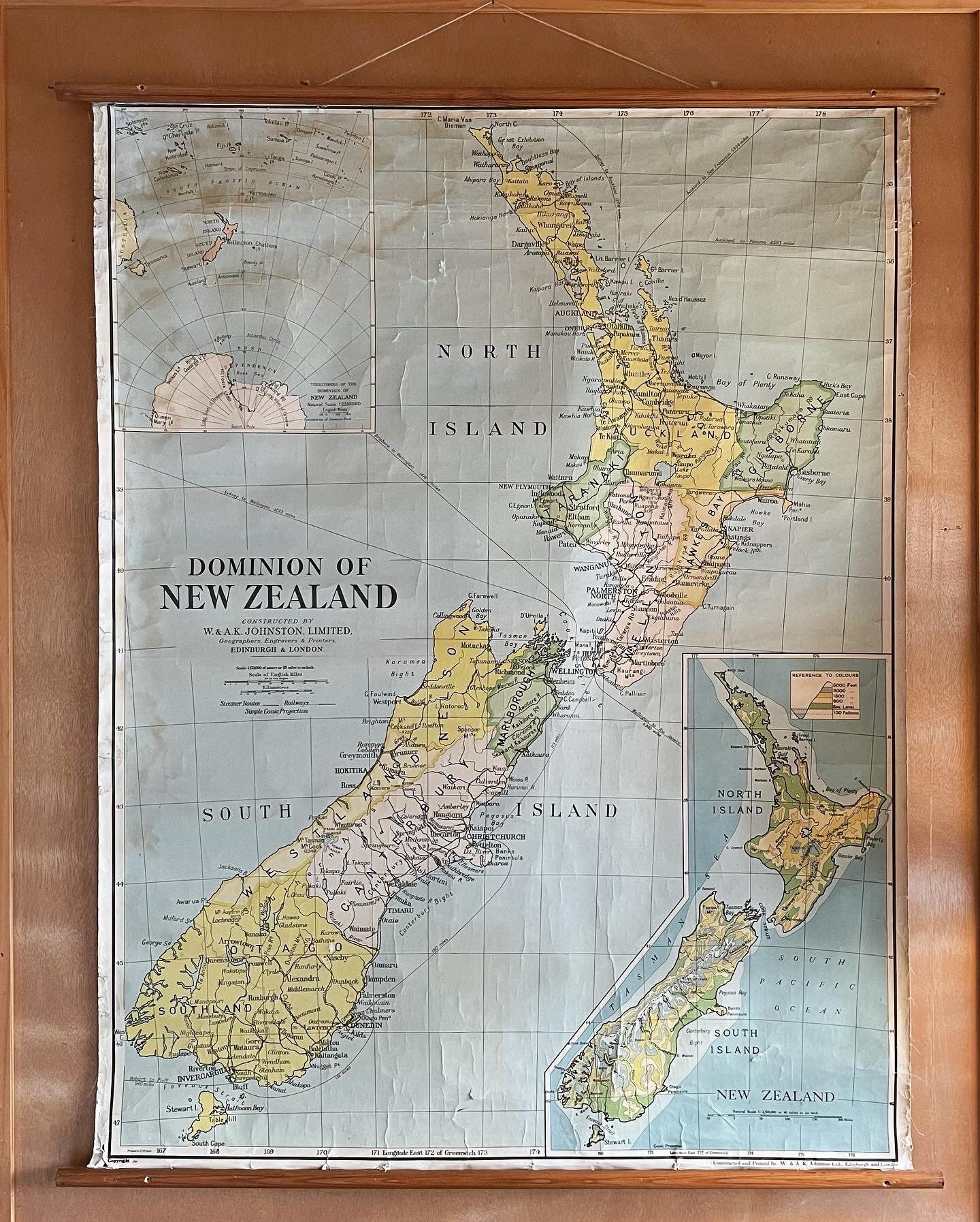 Antique 1953 large map of New Zealand - authentic pull down canvas map