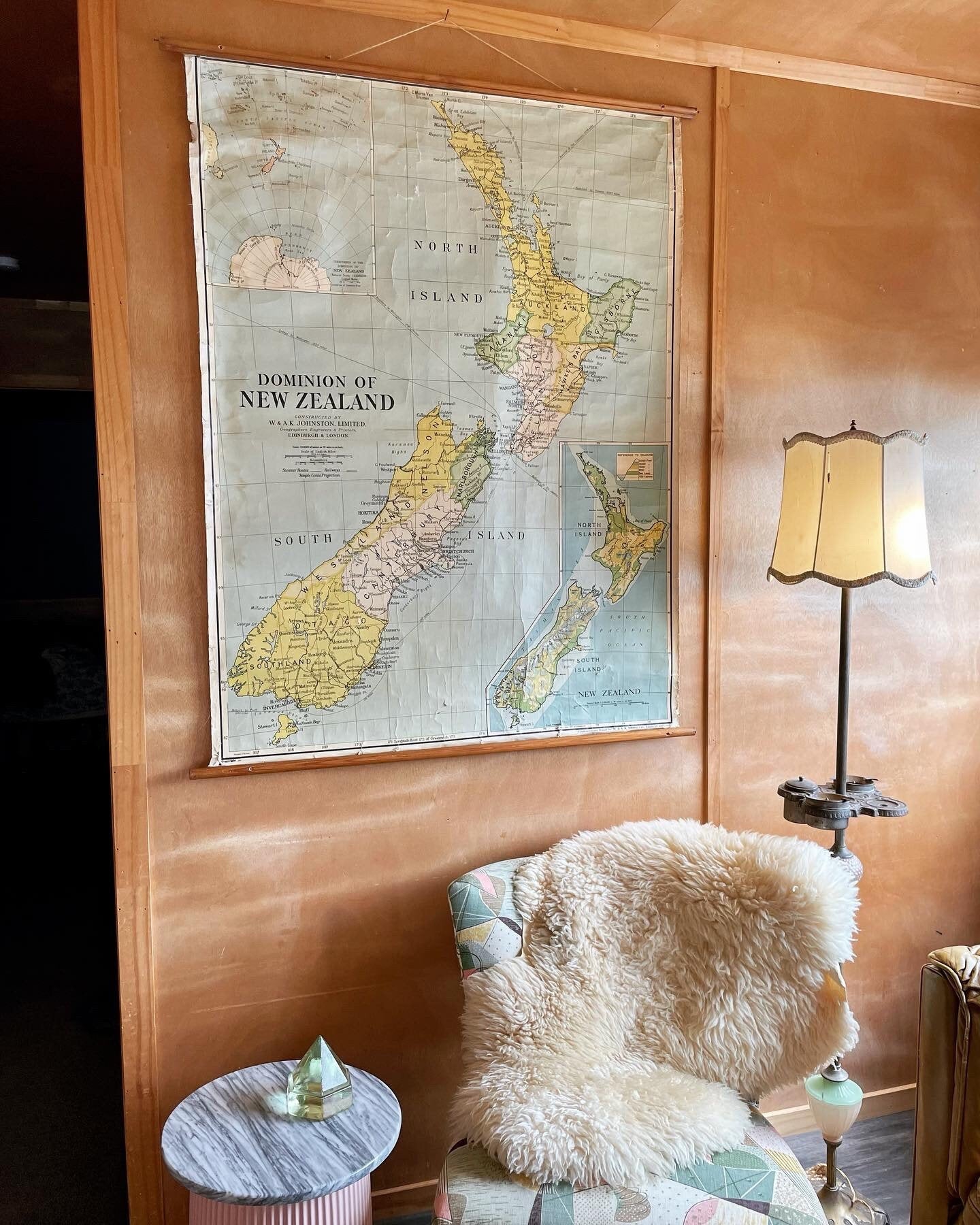 Antique 1953 large map of New Zealand - authentic pull down canvas map