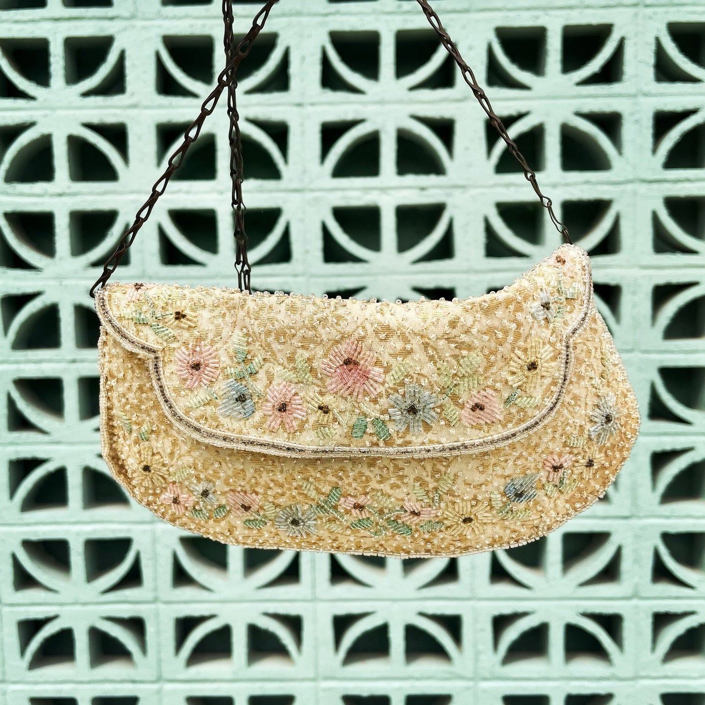 Vintage embroidered evening bag with delicate chain shoulder strap and pocket mirror - F-28