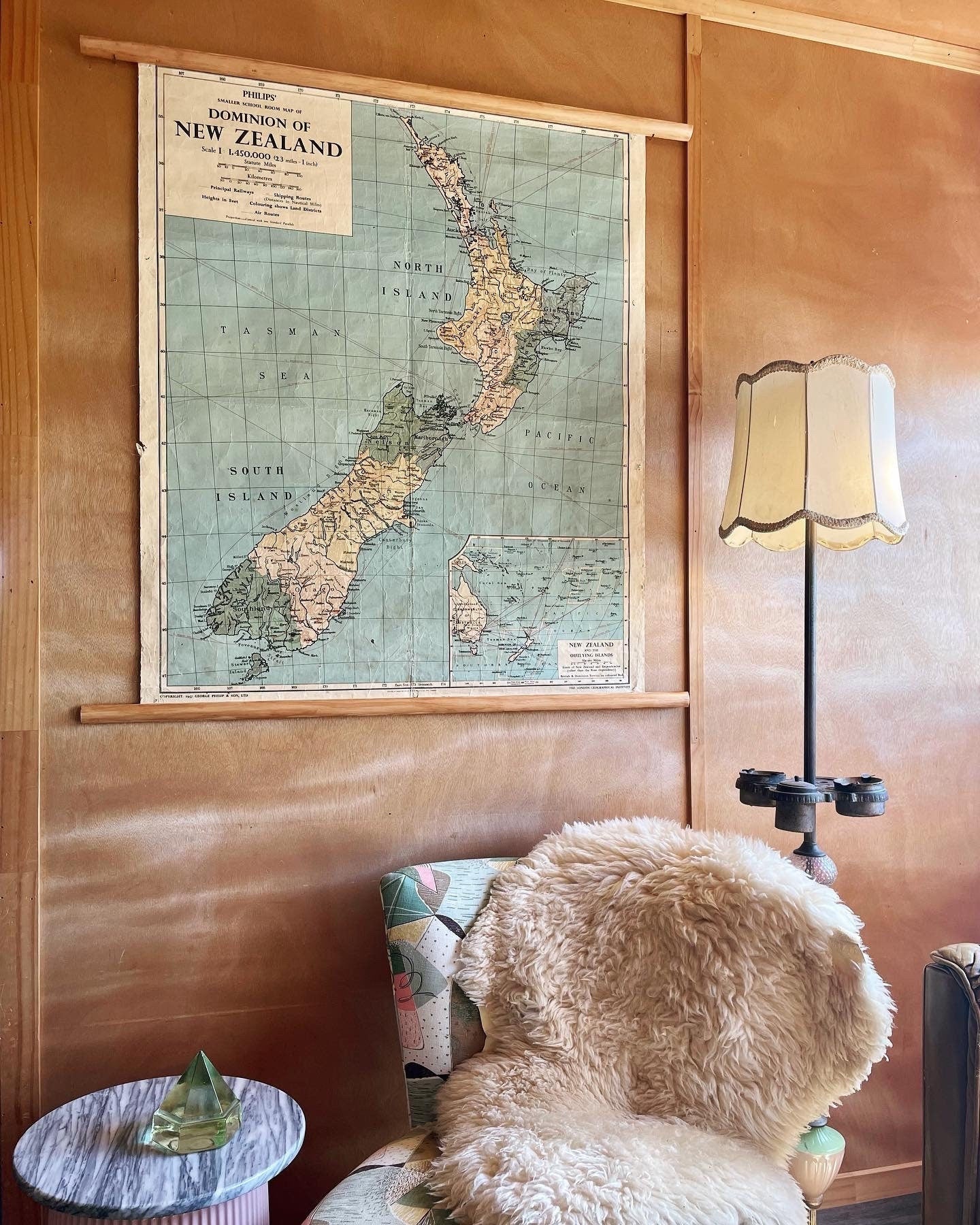Rare 1957 large schoolroom map of New Zealand - pull down canvas chart