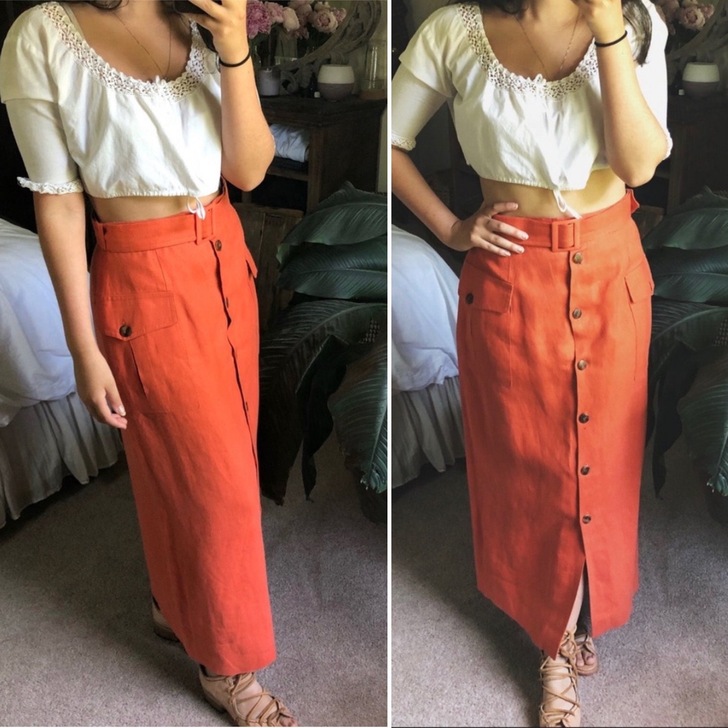 The Riviera Skirt - vintage tangerine linen maxi skirt / button down