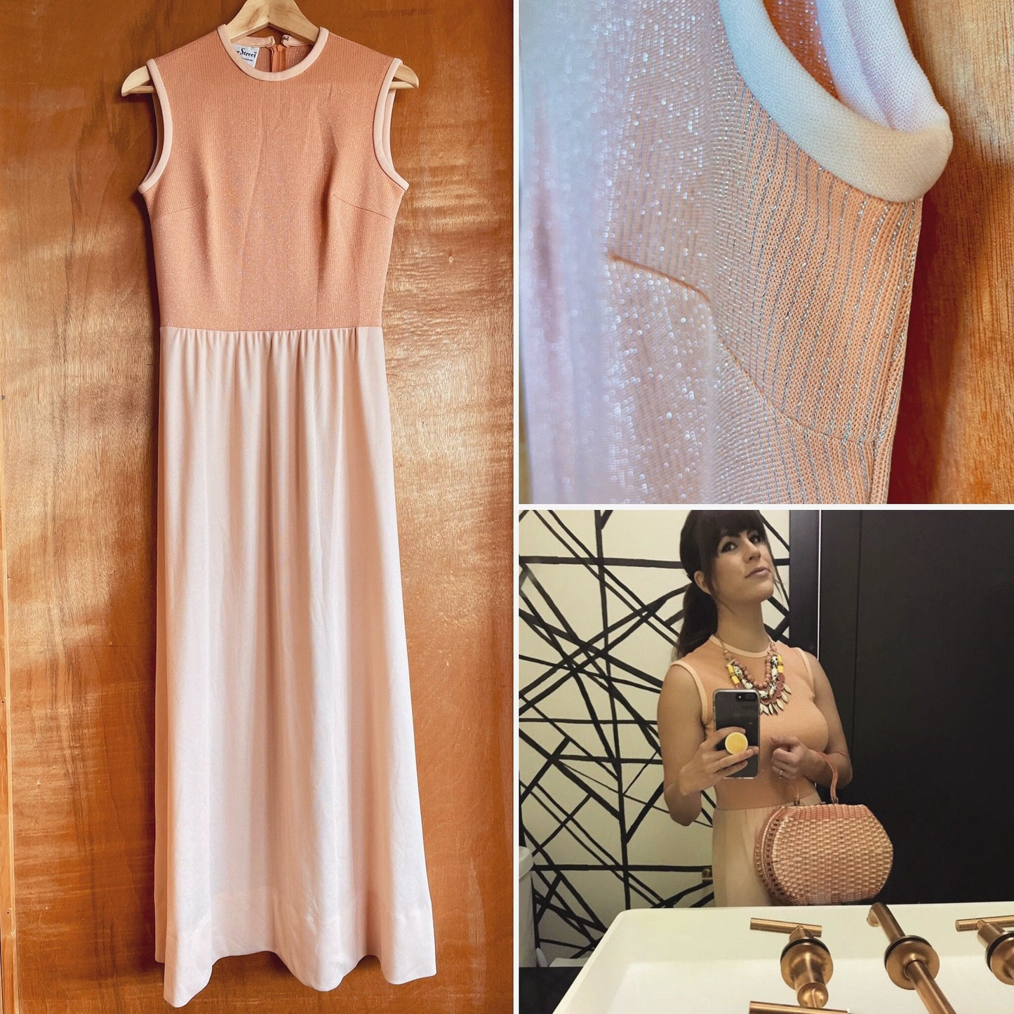 Peachy Keen - vintage sleeveless maxi dress with silver metallic threading