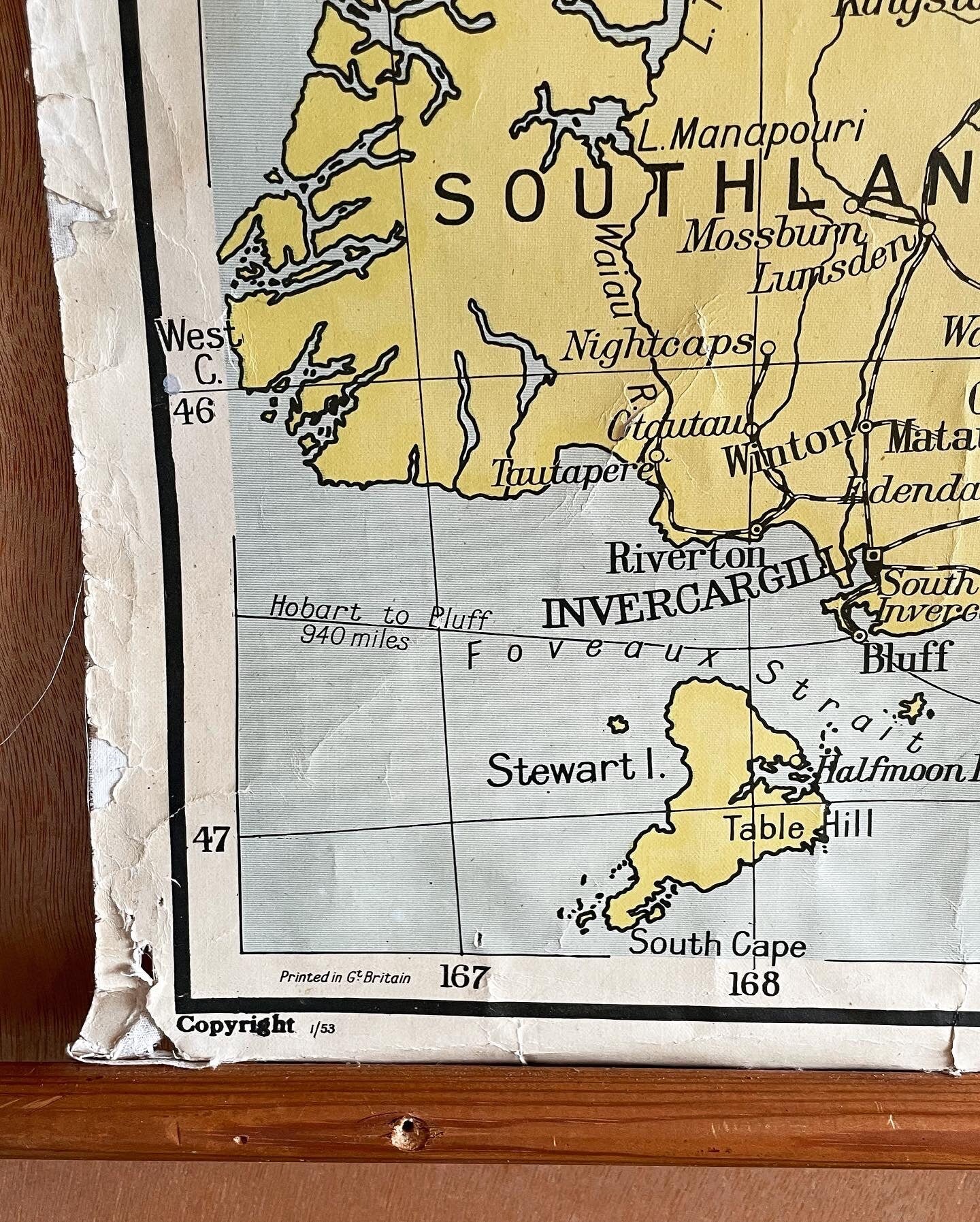 Antique 1953 large map of New Zealand - authentic pull down canvas map