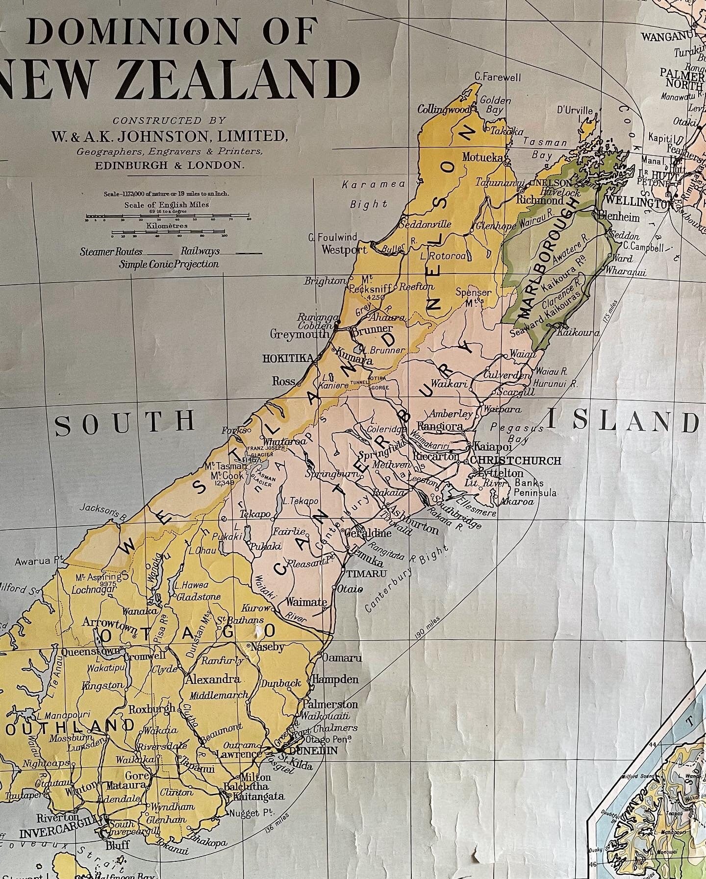 Antique 1953 large map of New Zealand - authentic pull down canvas map