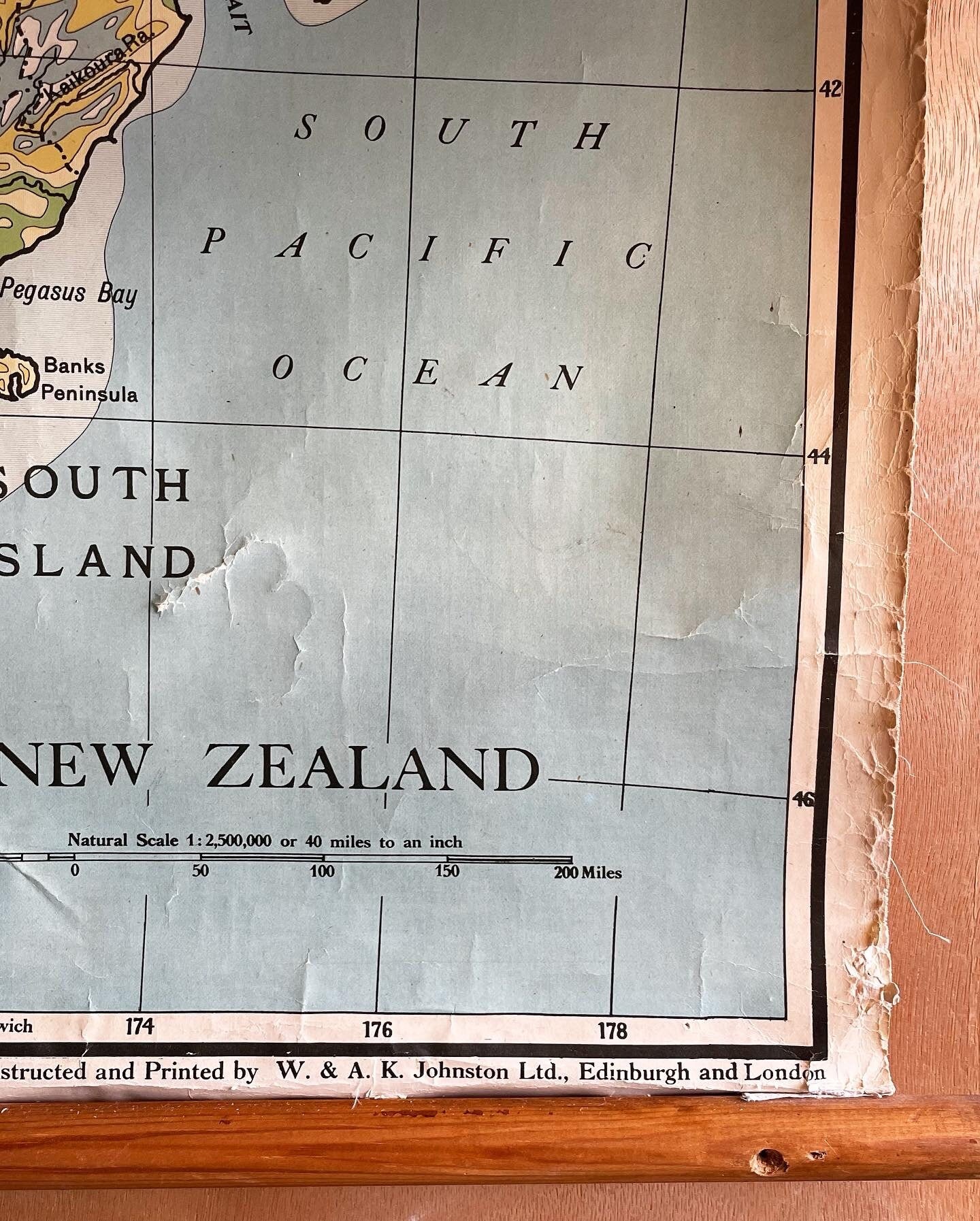 Antique 1953 large map of New Zealand - authentic pull down canvas map