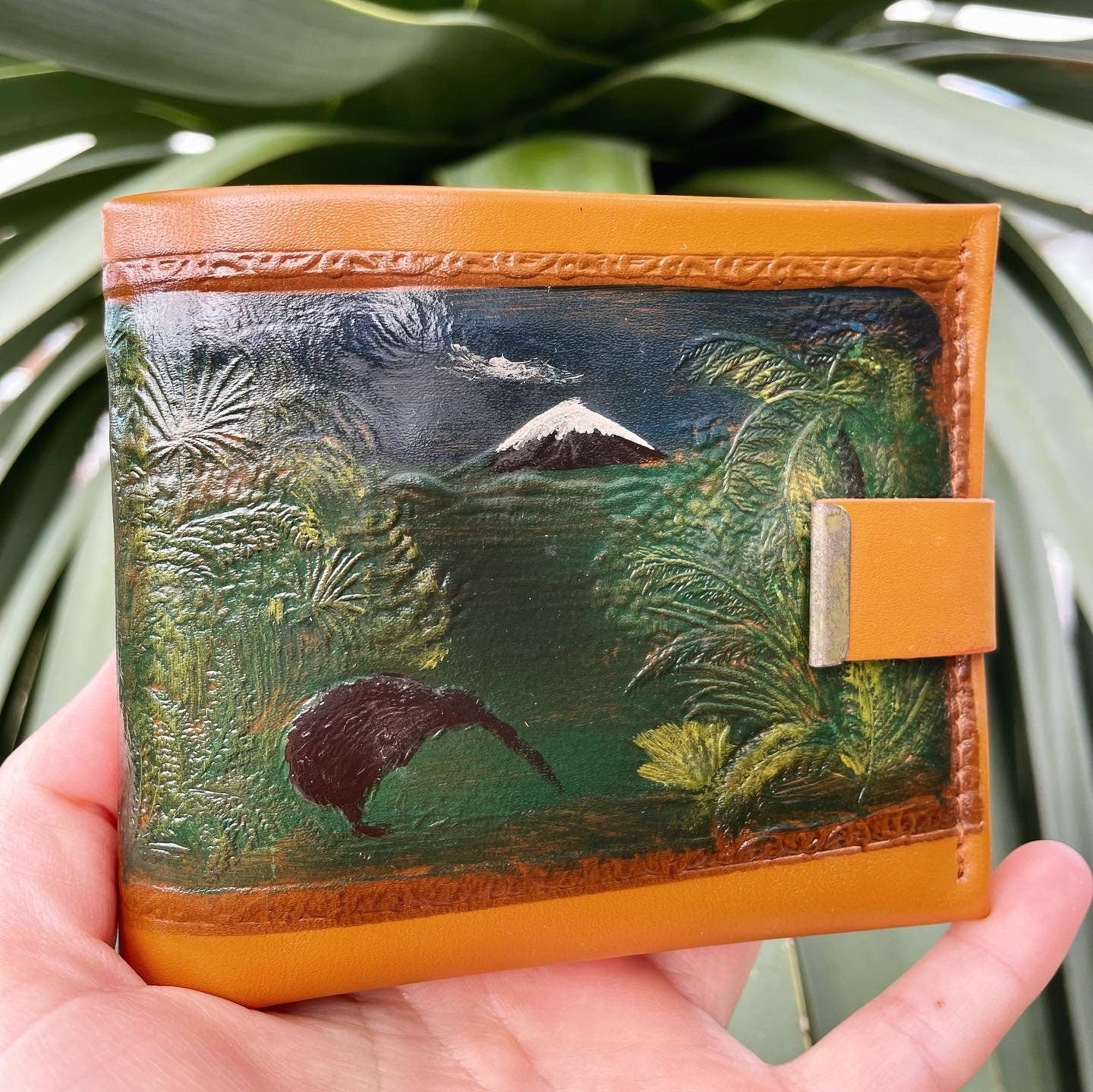 Hand-painted leather wallet with New Zealand Kiwi, Mount Taranaki & Silver ferns - vintage wallet