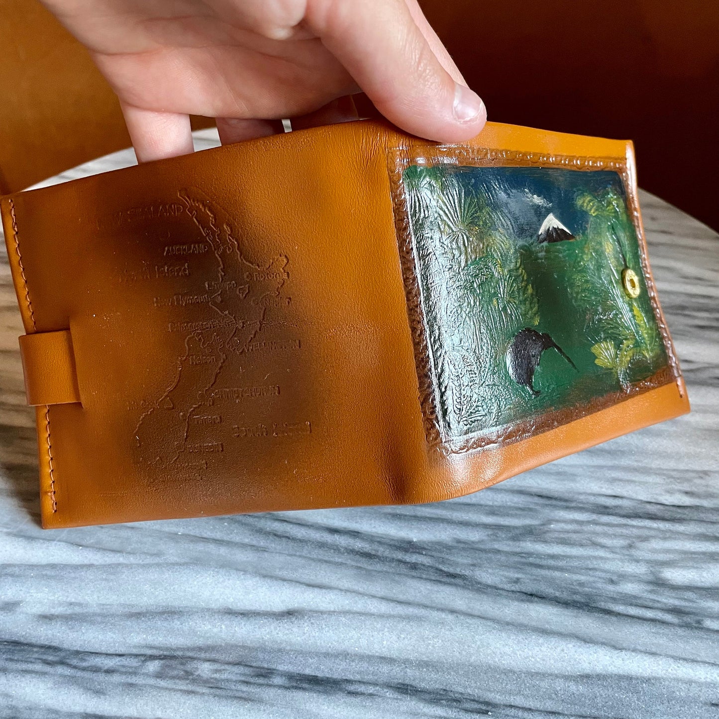 Hand-painted leather wallet with New Zealand Kiwi, Mount Taranaki & Silver ferns - vintage wallet