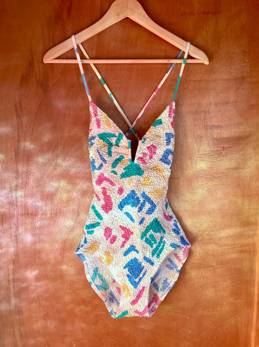 Beach Barbie - 1980s abstract print ruched swimsuit - vintage  one piece bathing suit