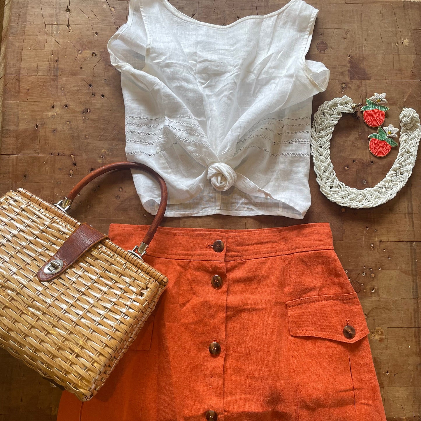 The Riviera Skirt - vintage tangerine linen maxi skirt / button down