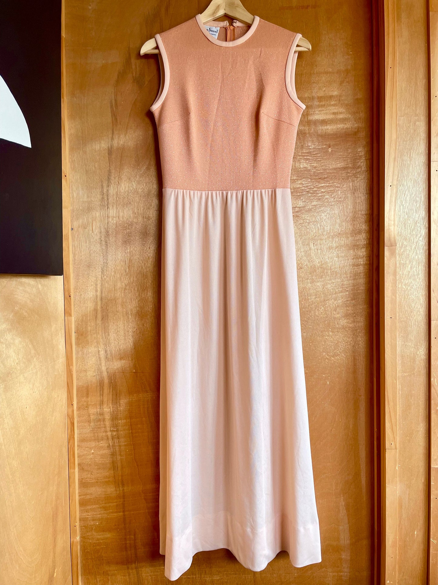 Peachy Keen - vintage sleeveless maxi dress with silver metallic threading