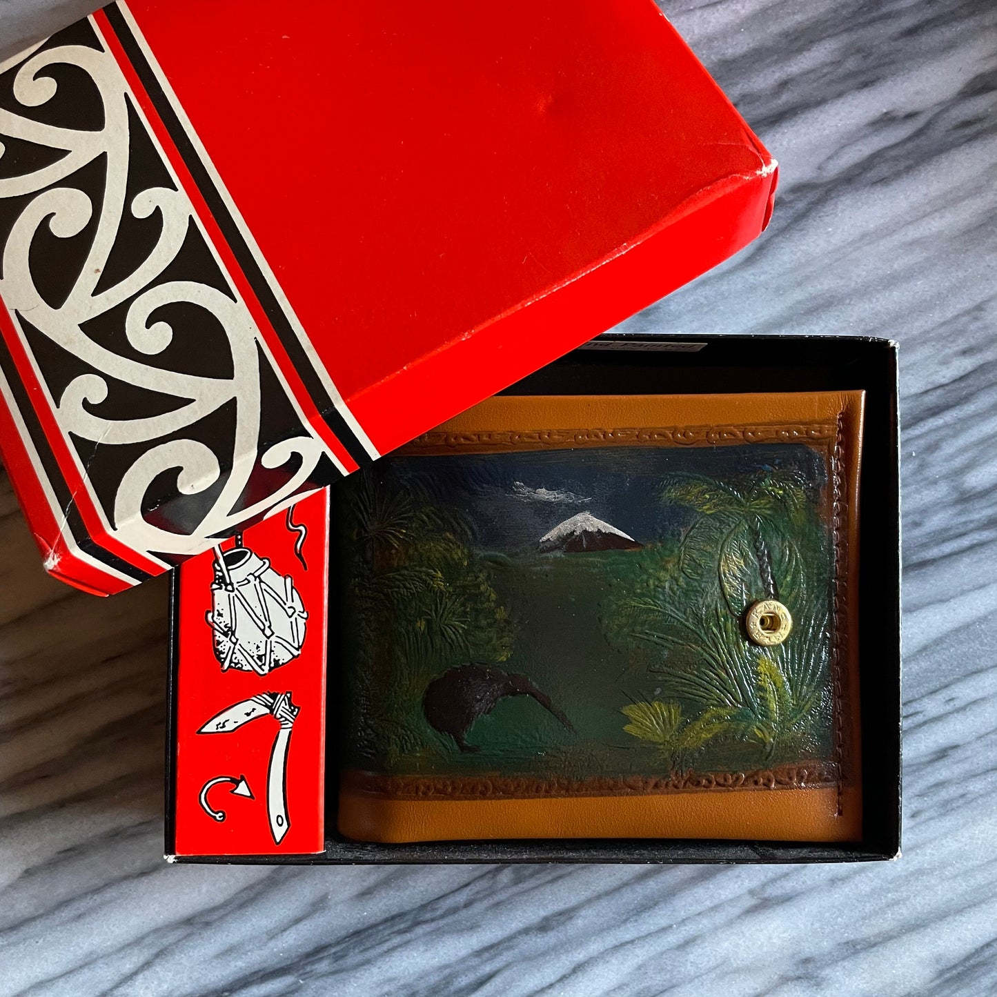 Hand-painted leather wallet with New Zealand Kiwi, Mount Taranaki & Silver ferns - vintage wallet