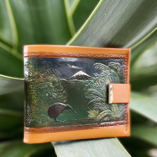 Hand-painted leather wallet with New Zealand Kiwi, Mount Taranaki & Silver ferns - vintage wallet