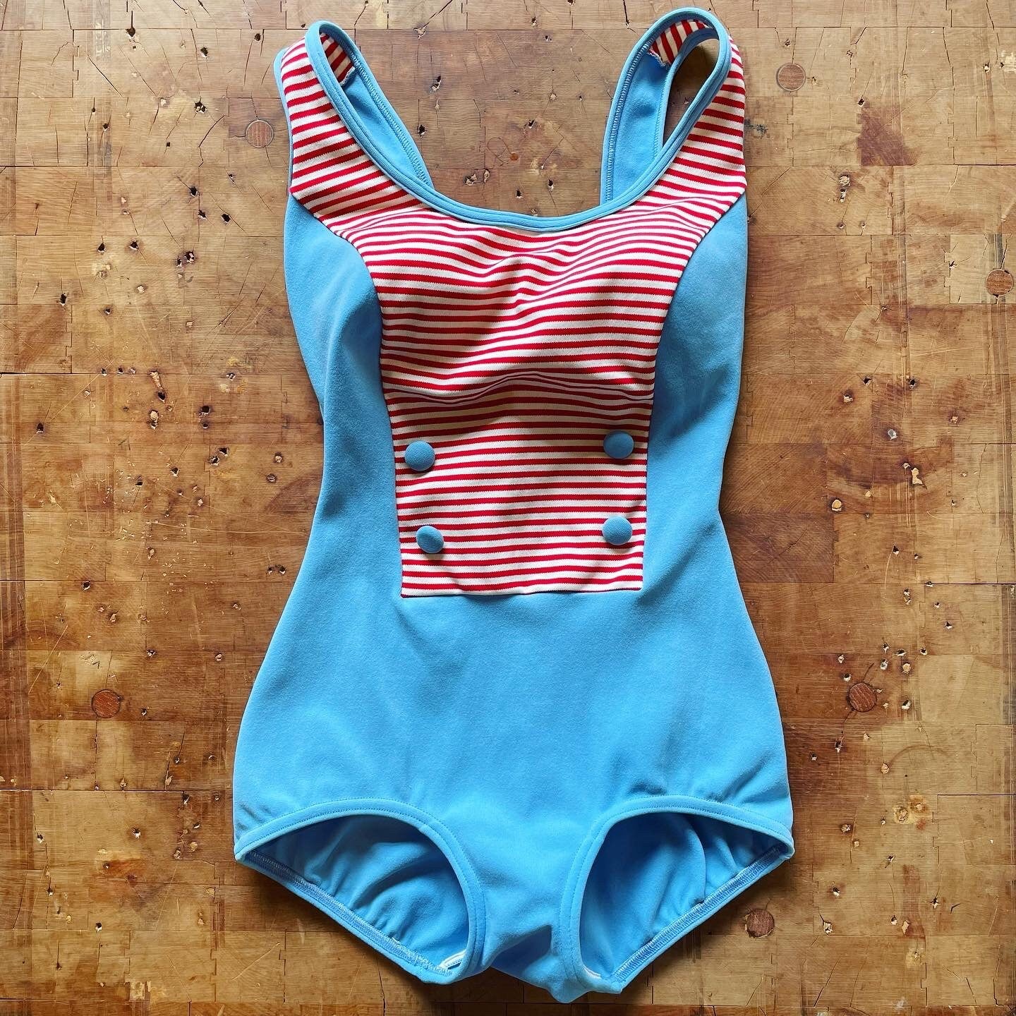 Vintage 1960s red white & baby blue sailor swimsuit - retro pinup one piece