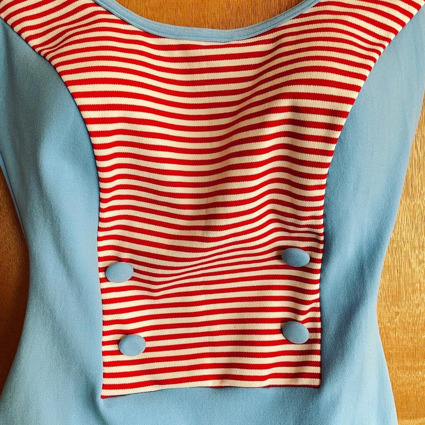 Vintage 1960s red white & baby blue sailor swimsuit - retro pinup one piece