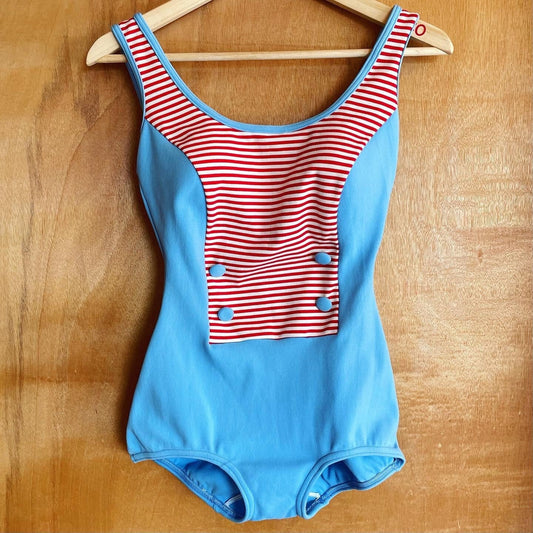 Vintage 1960s red white & baby blue sailor swimsuit - retro pinup one piece