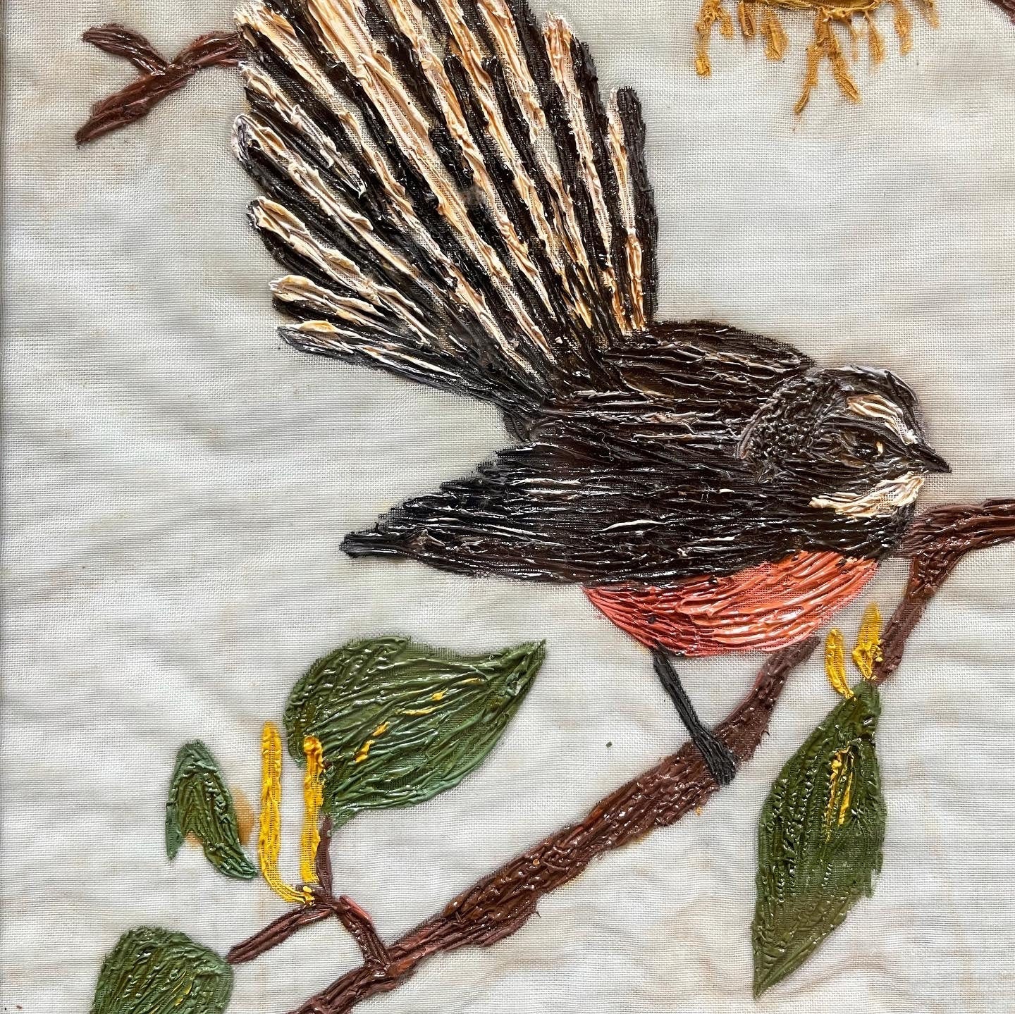 Vintage hand-painted Fantail birds on fabric - New Zealand original artwork