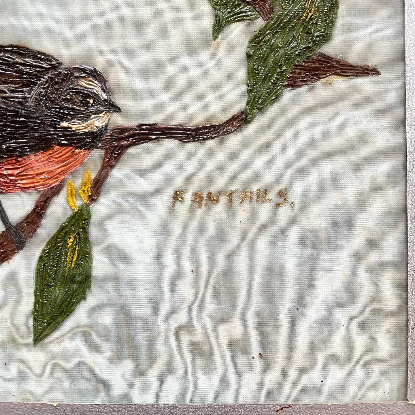 Vintage hand-painted Fantail birds on fabric - New Zealand original artwork