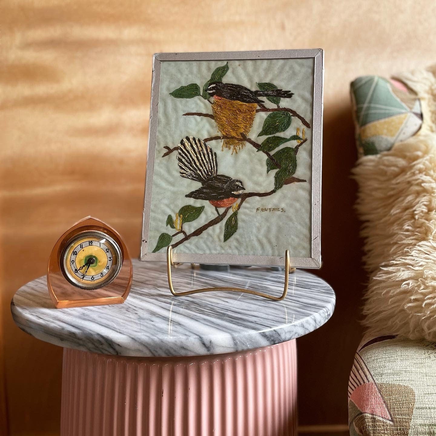 Vintage hand-painted Fantail birds on fabric - New Zealand original artwork