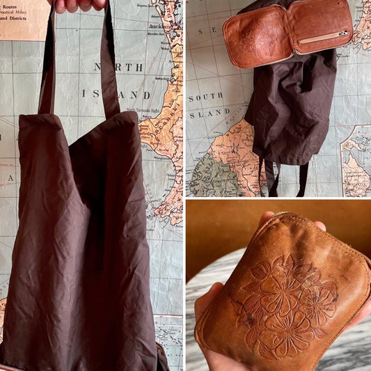 Compact zip up tote bag from New Zealand - tooled leather