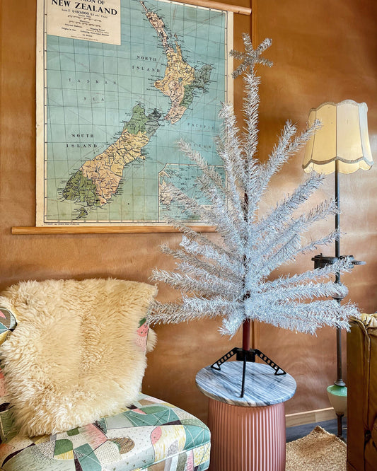 PENDING - Vintage sparkly silver & white Christmas tree - midcentury modern aluminum xmas tree
