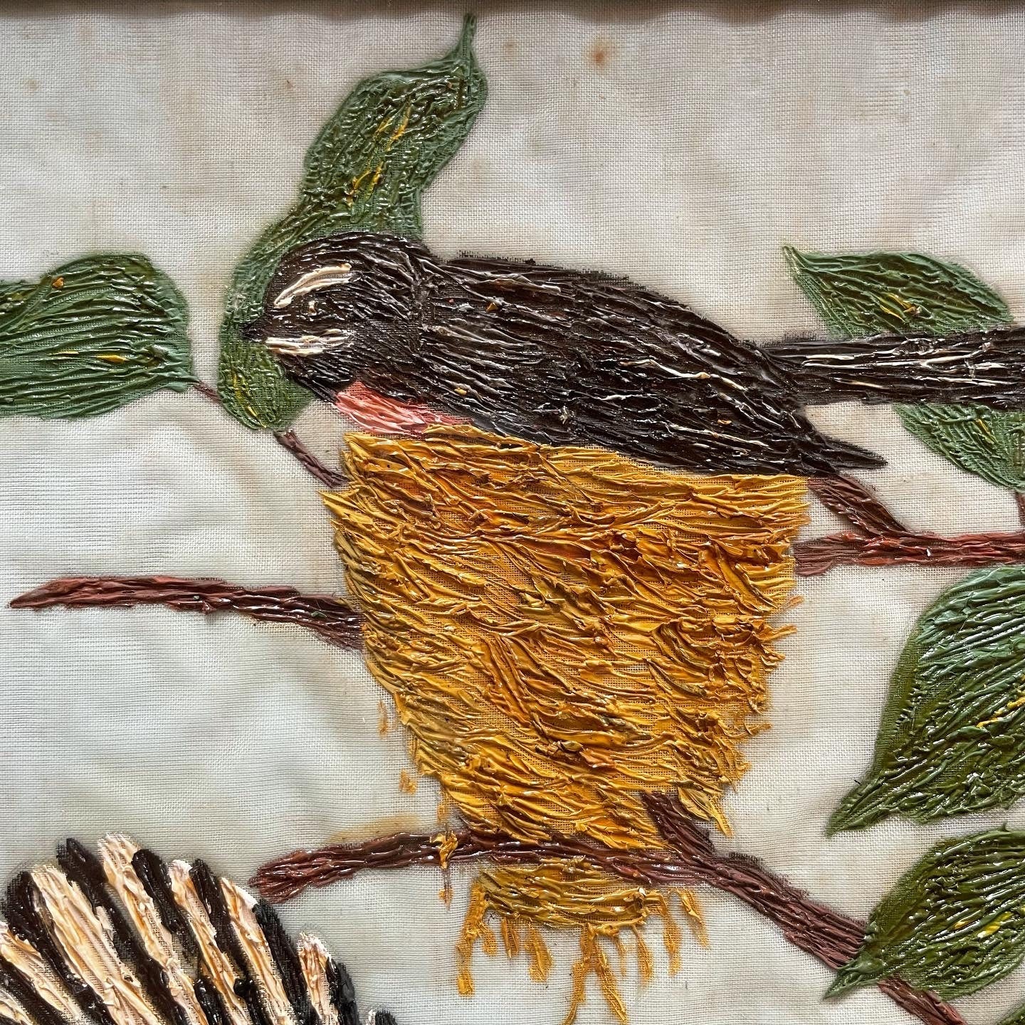 Vintage hand-painted Fantail birds on fabric - New Zealand original artwork