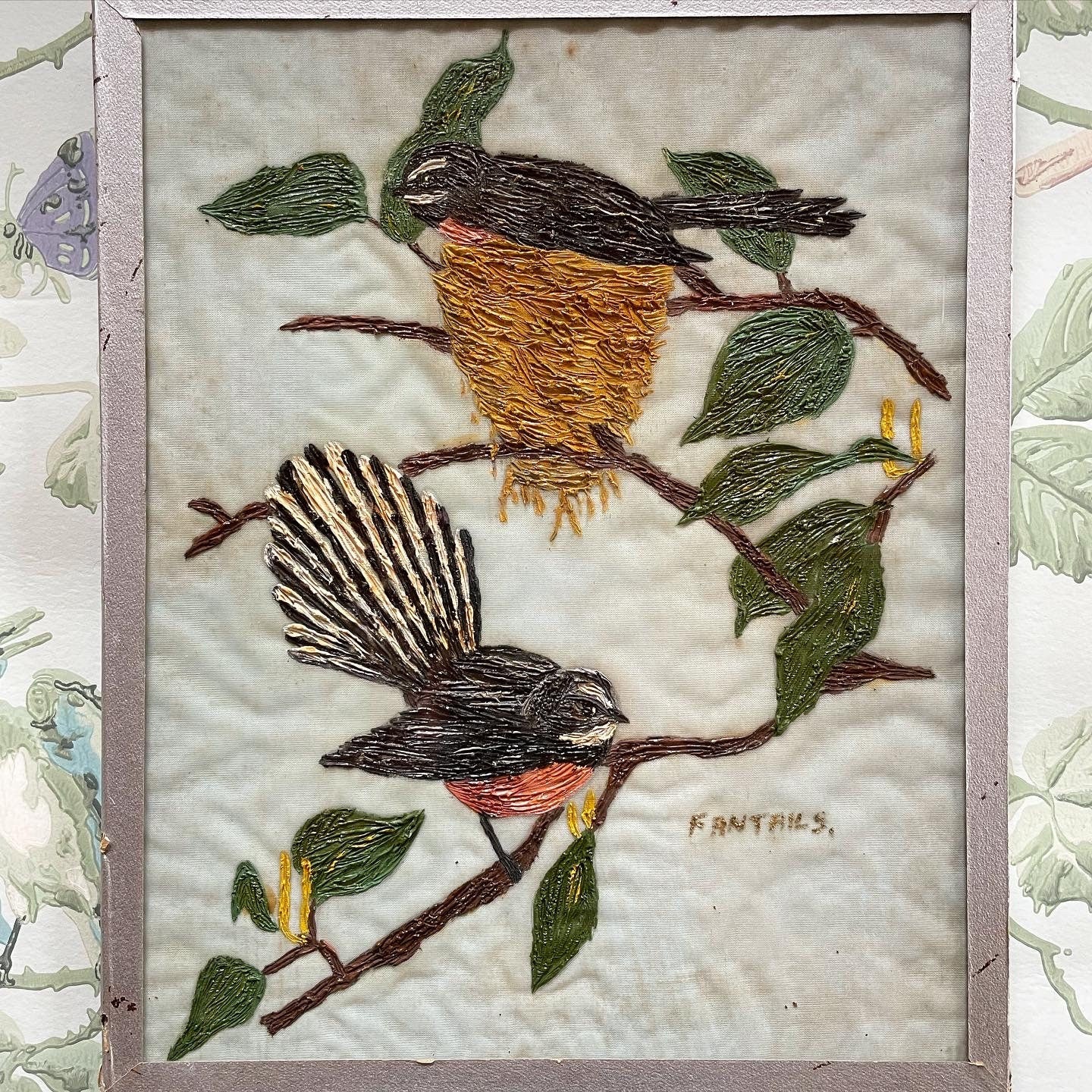 Vintage hand-painted Fantail birds on fabric - New Zealand original artwork