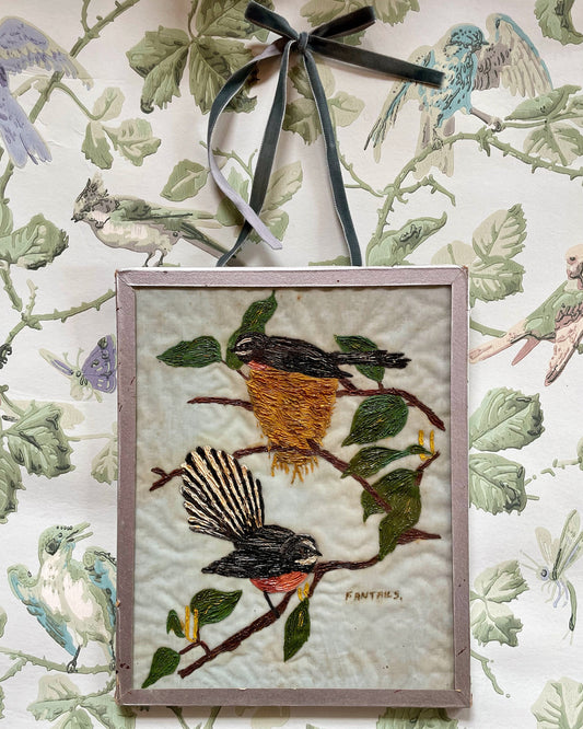 Vintage hand-painted Fantail birds on fabric - New Zealand original artwork