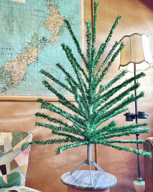 4’ Vintage Christmas tree - Midcentury modern sparkly silver & green tinsel tree