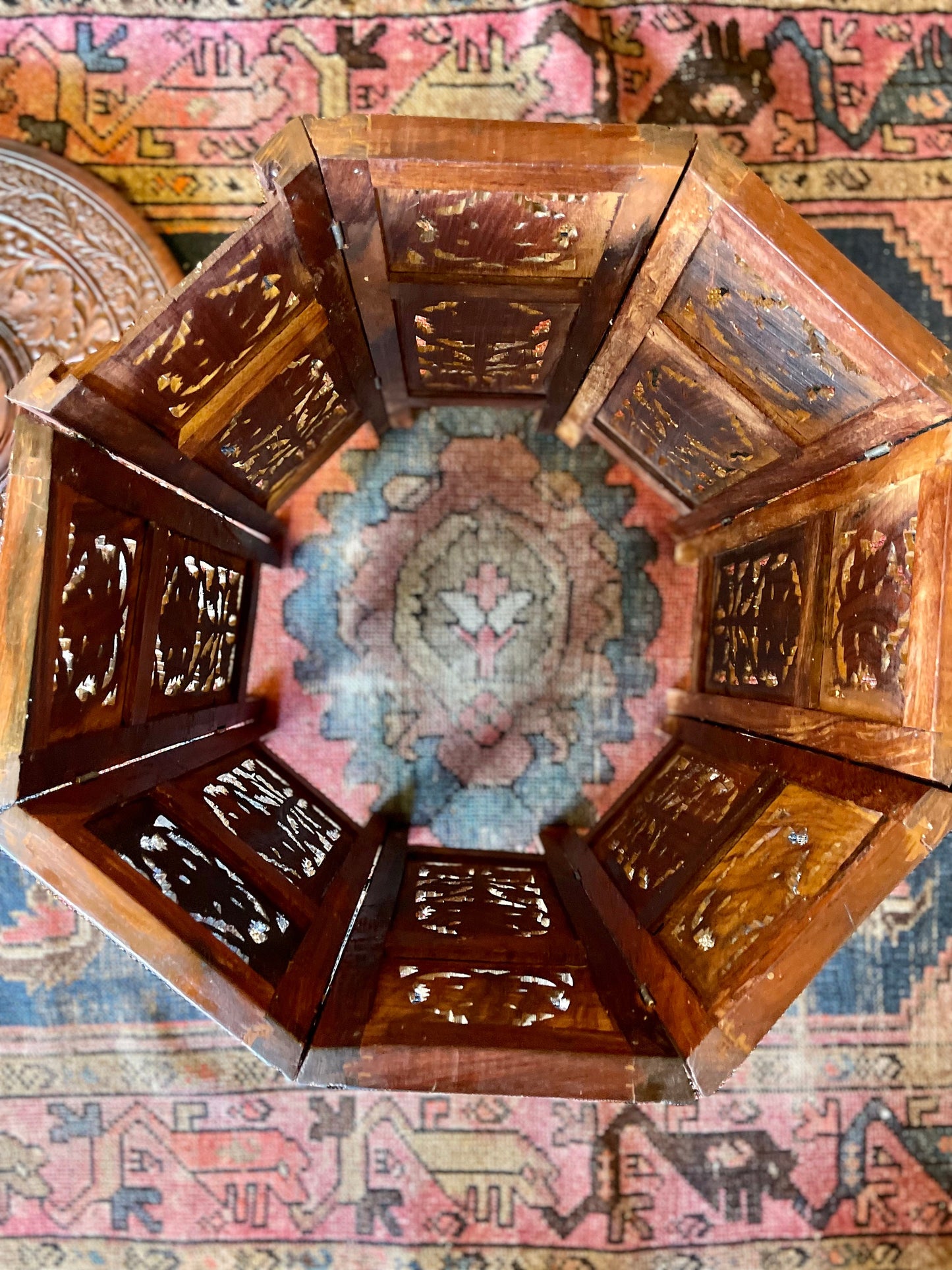 Octagonal hand-carved side table from India with bone inlay