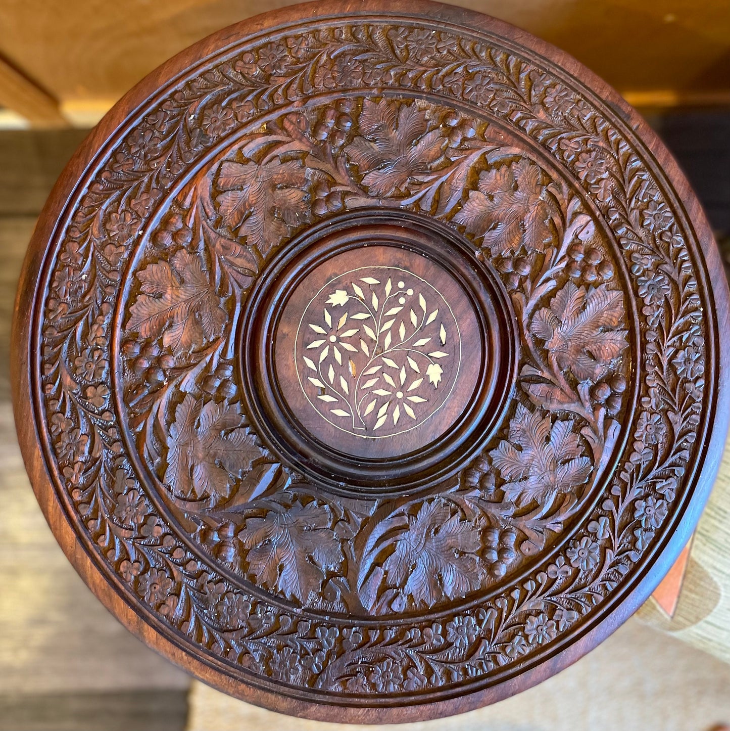 Octagonal hand-carved side table from India with bone inlay