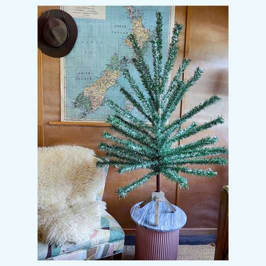 Retro silver and green Midcentury modern Christmas tree - vintage aluminum Xmas tree