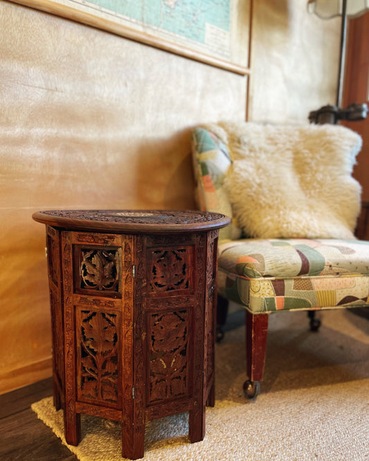 Octagonal hand-carved side table from India with bone inlay