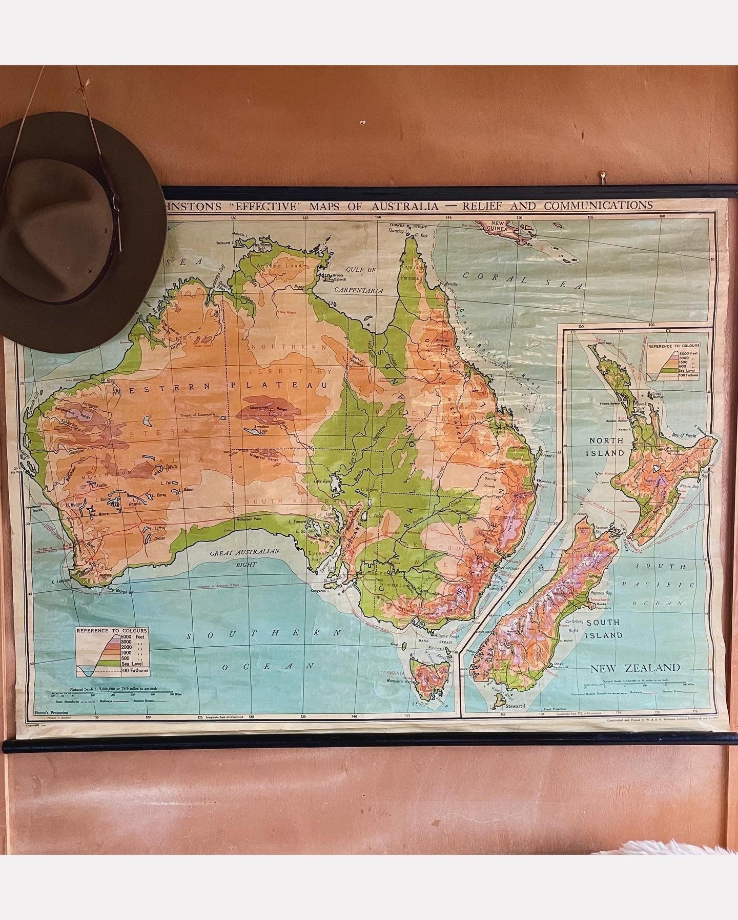 1948 Vintage pull down map of Australia and New Zealand