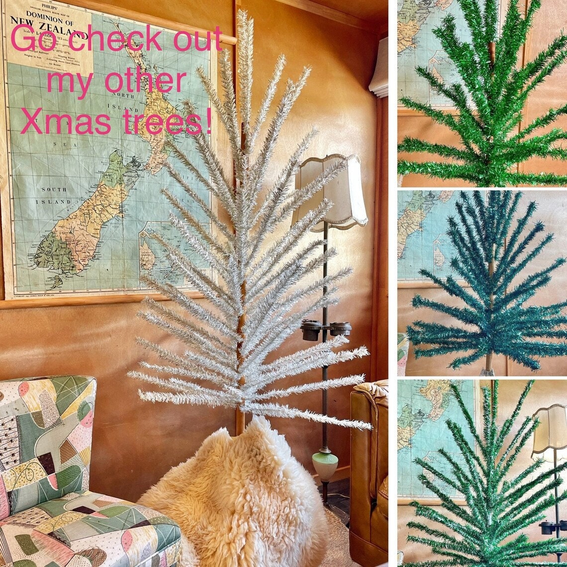 The Mardi Gras tree - vintage peacock Christmas tree - Midcentury modern blue and green tinsel tree