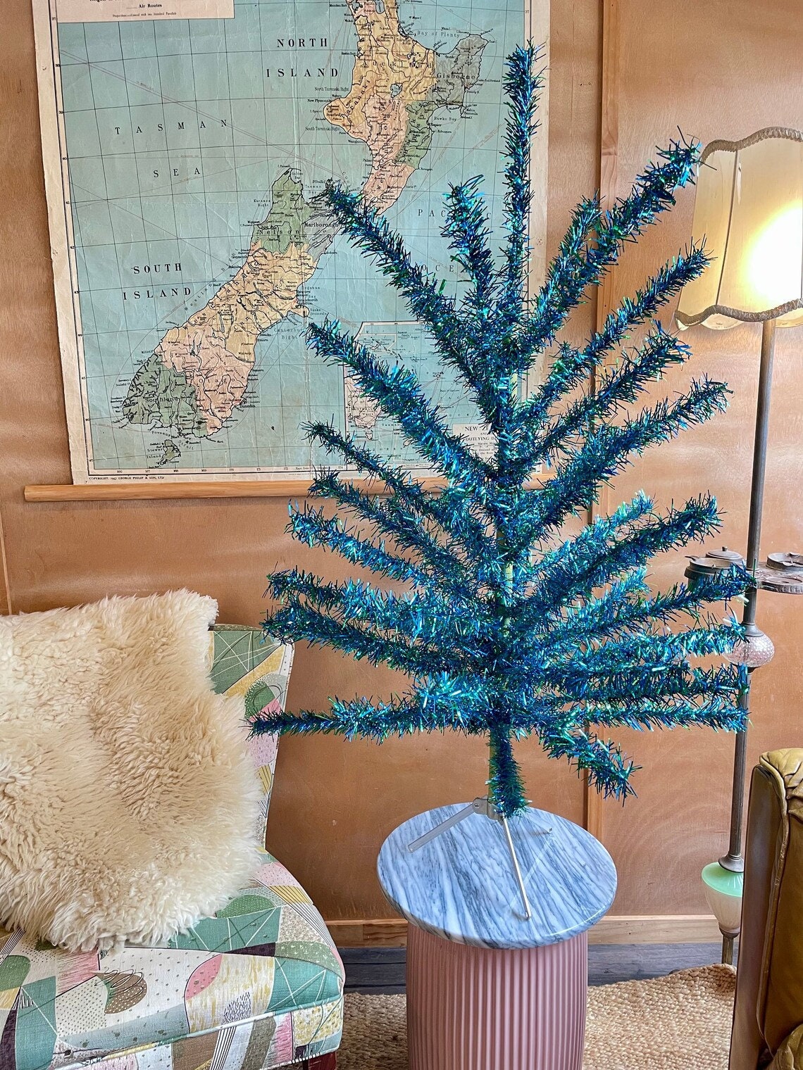 The Mardi Gras tree - vintage peacock Christmas tree - Midcentury modern blue and green tinsel tree