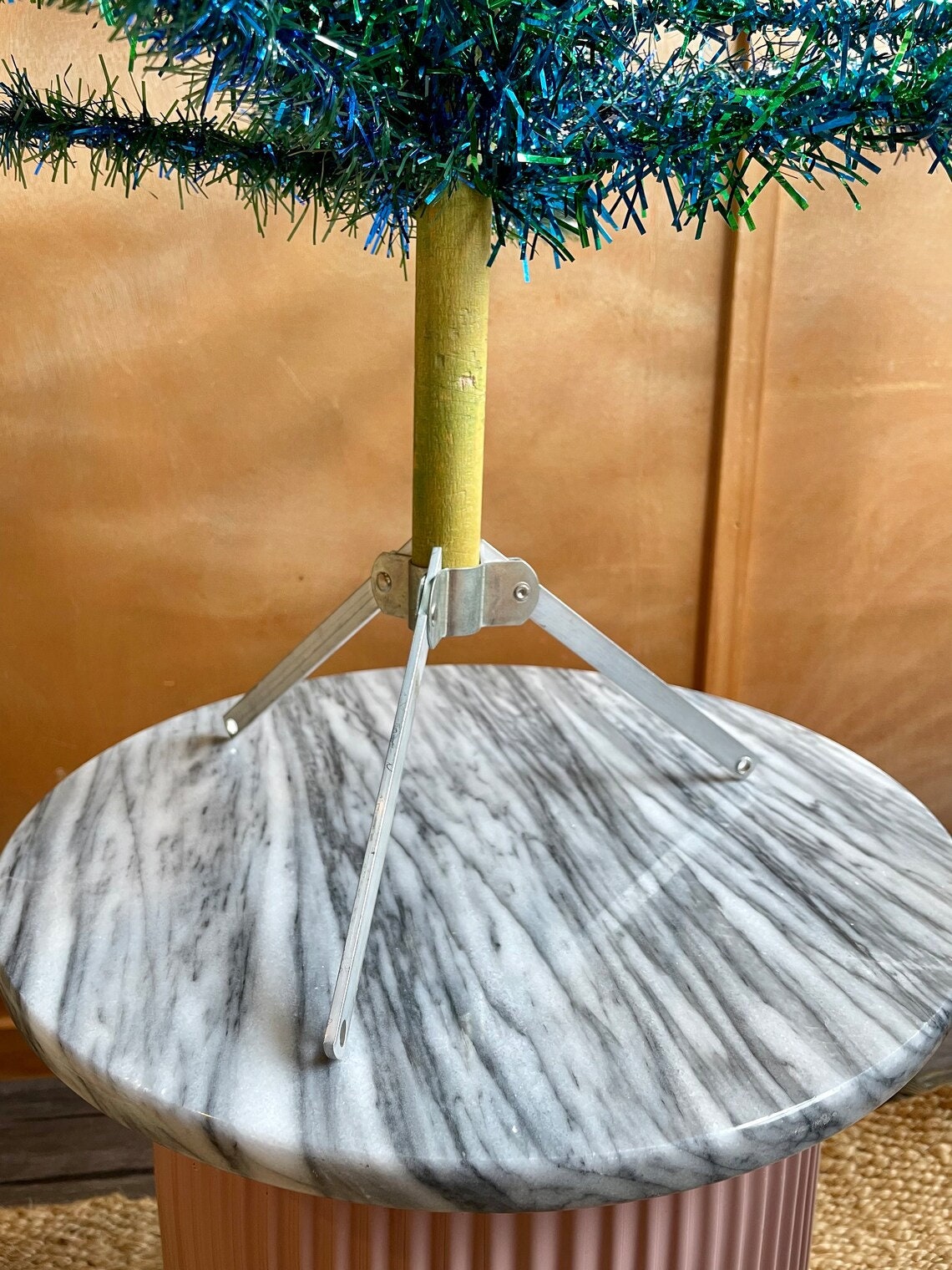 The Mardi Gras tree - vintage peacock Christmas tree - Midcentury modern blue and green tinsel tree