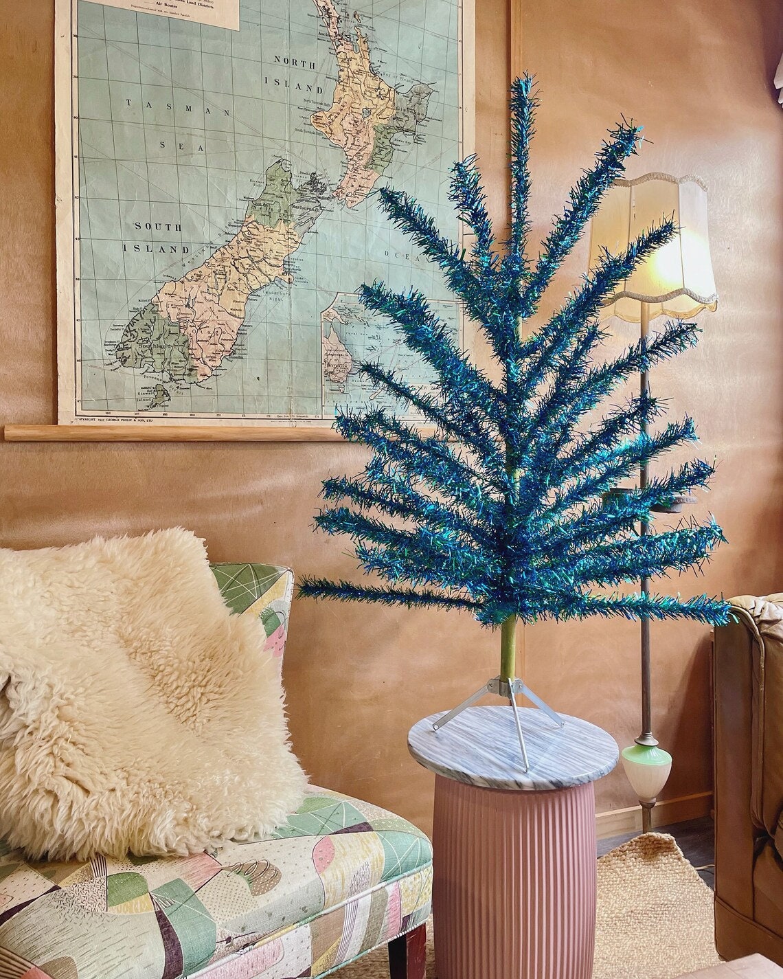 The Mardi Gras tree - vintage peacock Christmas tree - Midcentury modern blue and green tinsel tree