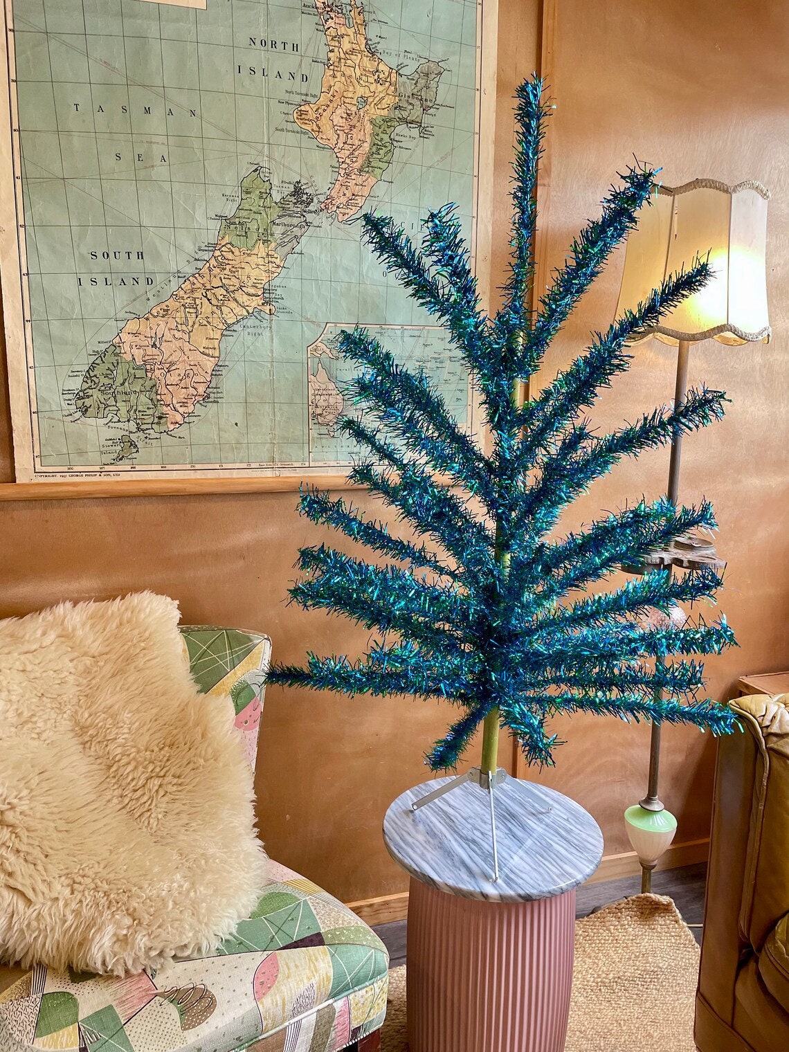 The Mardi Gras tree - vintage peacock Christmas tree - Midcentury modern blue and green tinsel tree