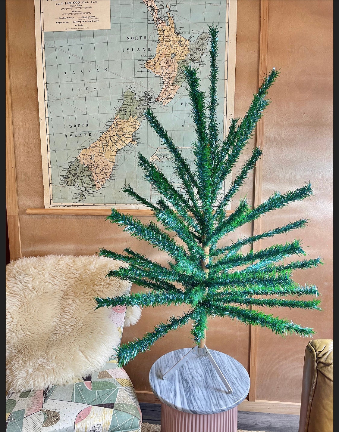 Blue and green Midcentury modern tinsel tree - 1960s retro peacock xmas tree