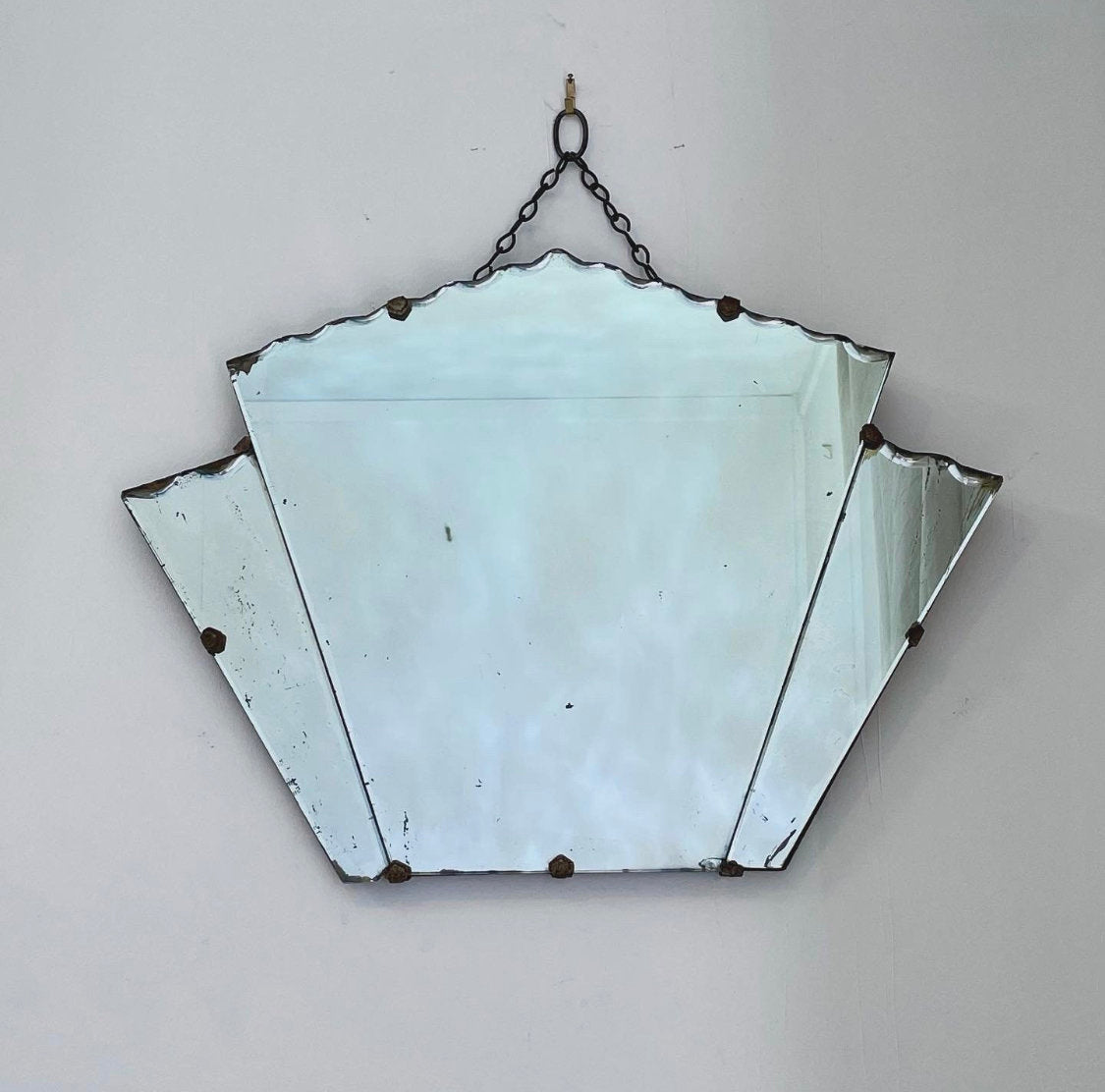 3 paneled fan shaped Art Deco mirror with piecrust beveled edges