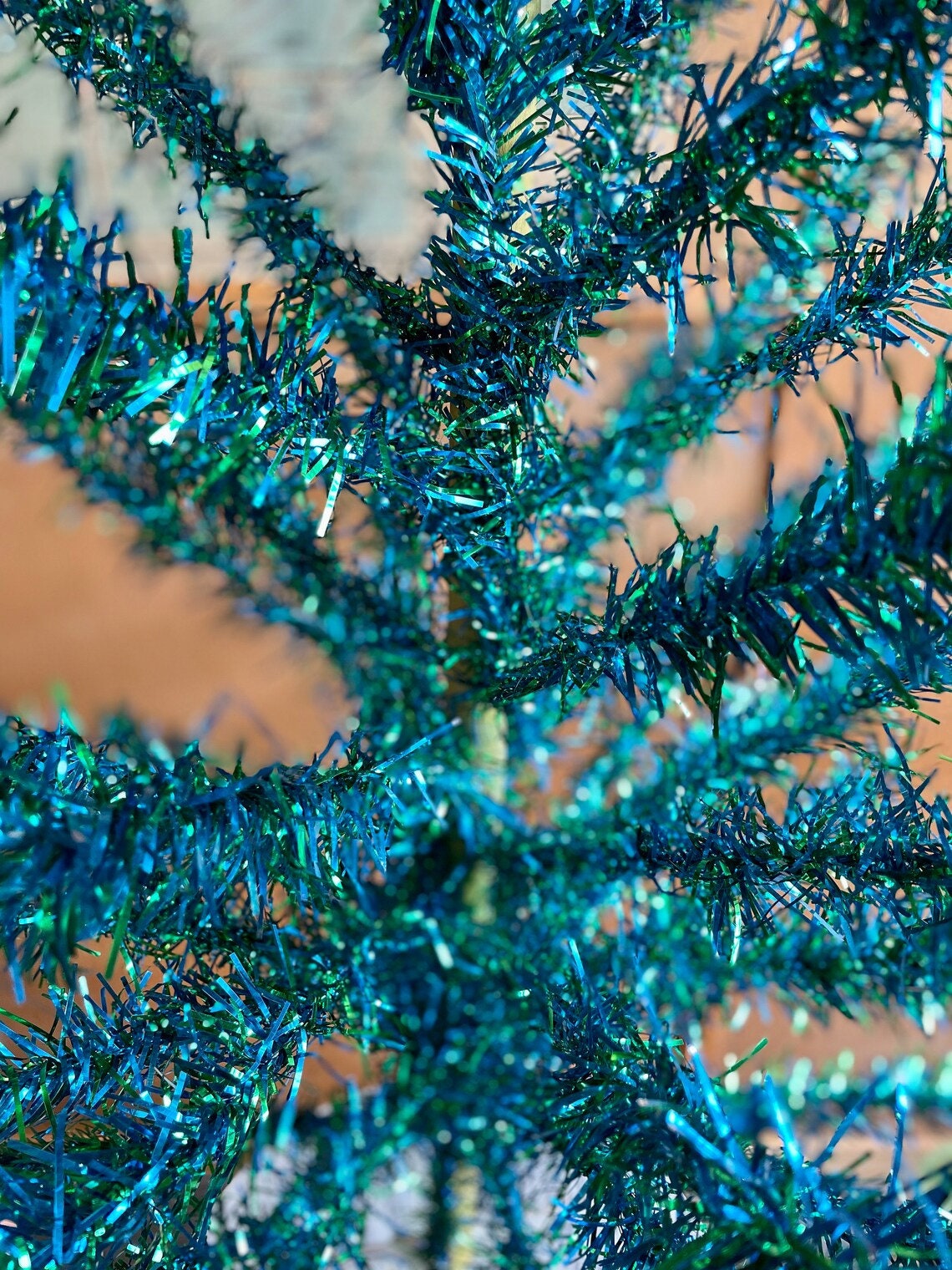 The Mardi Gras tree - vintage peacock Christmas tree - Midcentury modern blue and green tinsel tree