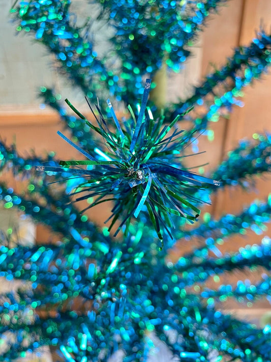 The Mardi Gras tree - vintage peacock Christmas tree - Midcentury modern blue and green tinsel tree