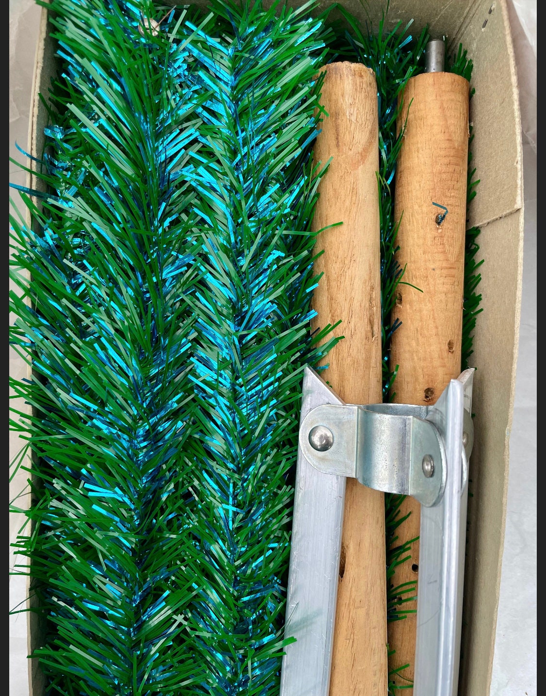 Blue and green Midcentury modern tinsel tree - 1960s retro peacock xmas tree