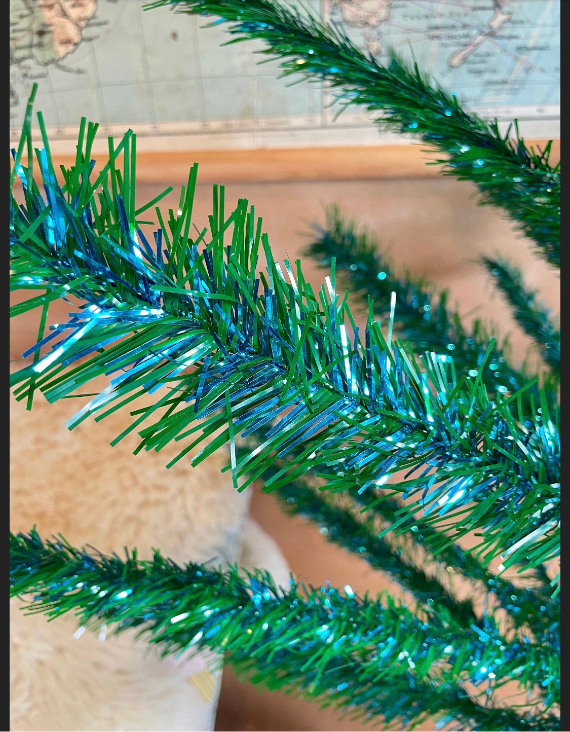 Blue and green Midcentury modern tinsel tree - 1960s retro peacock xmas tree