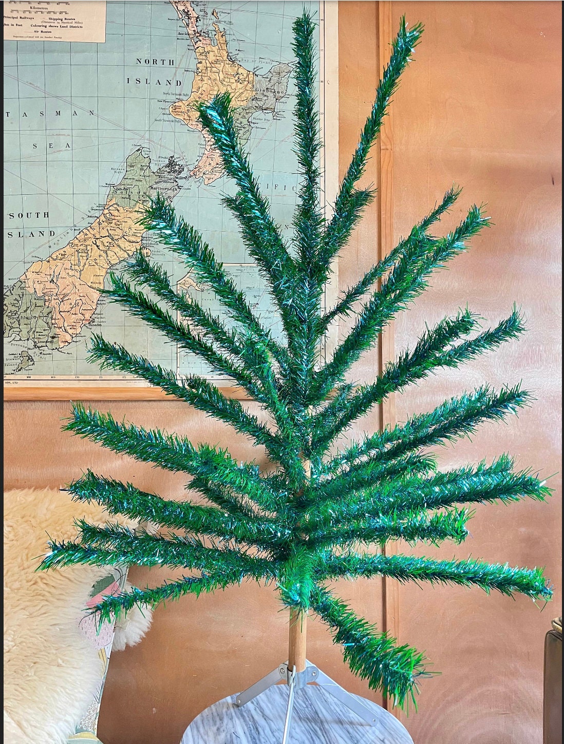 Blue and green Midcentury modern tinsel tree - 1960s retro peacock xmas tree