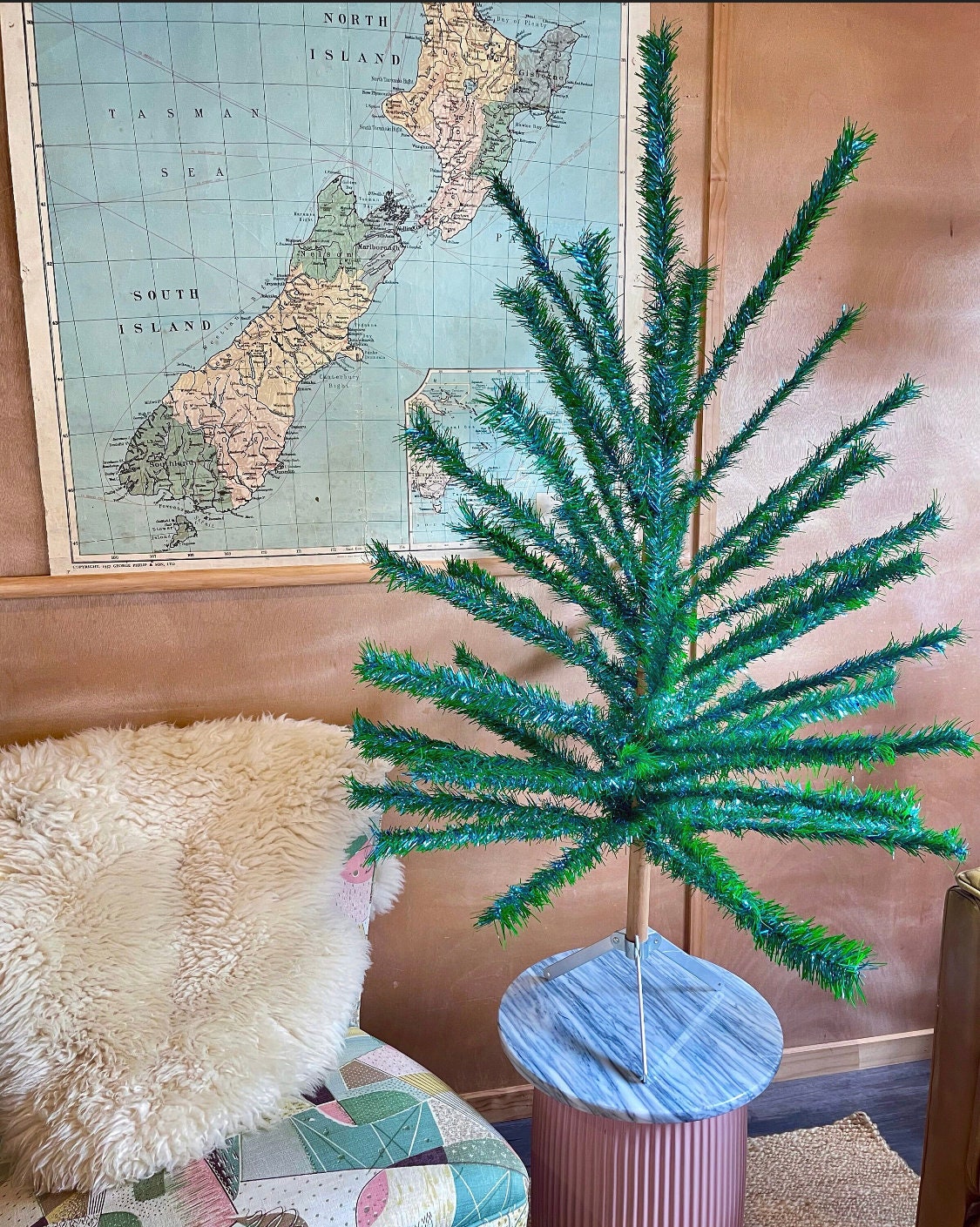 Blue and green Midcentury modern tinsel tree - 1960s retro peacock xmas tree