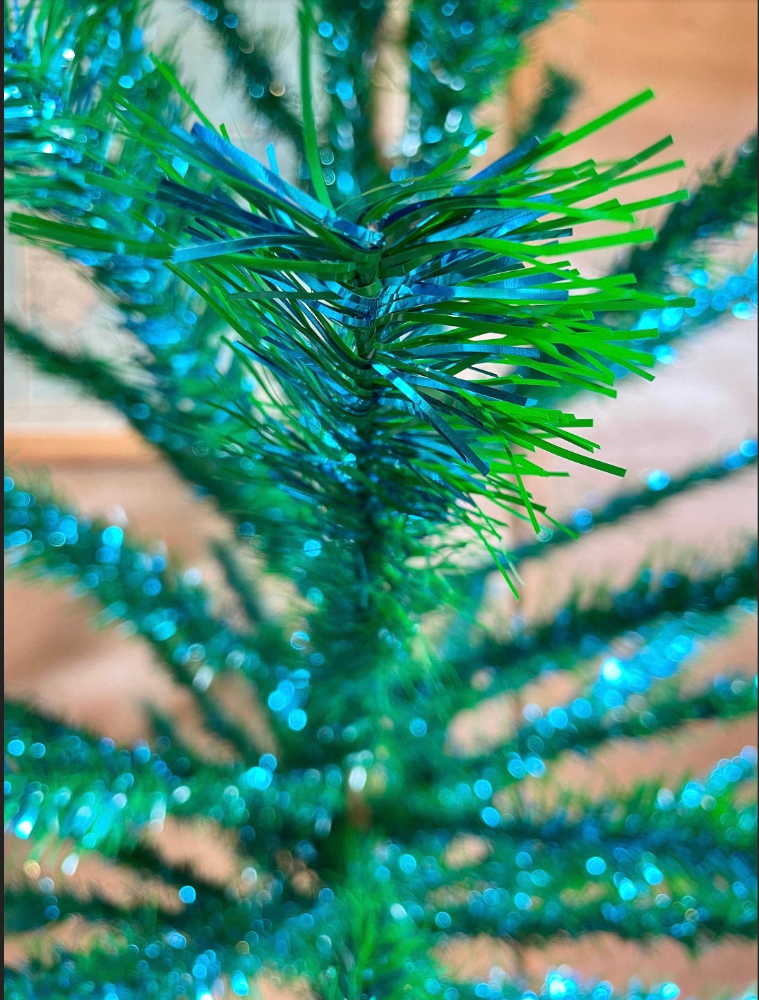 Blue and green Midcentury modern tinsel tree - 1960s retro peacock xmas tree